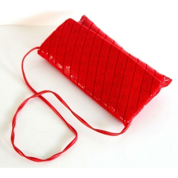 VTG RED MESH GENUINE LEATHER STRAP FLAP MIRROR INSIDE SHOULDER BAG PURSE CLUTCH - Picture 3 of 9